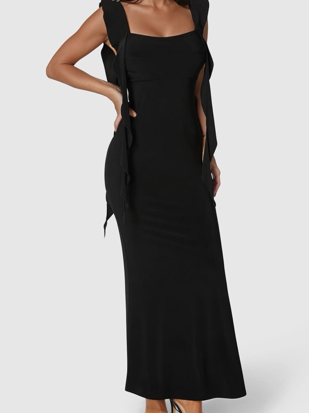 bebe Black Maxi Dress with Tie-Shoulder Straps